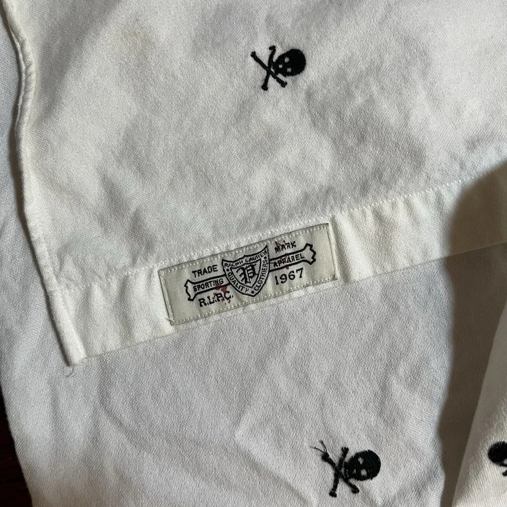 Ralph Lauren Shirt Mens Large Skull Crossbones Slim Workwear Short Slv AOP READ*